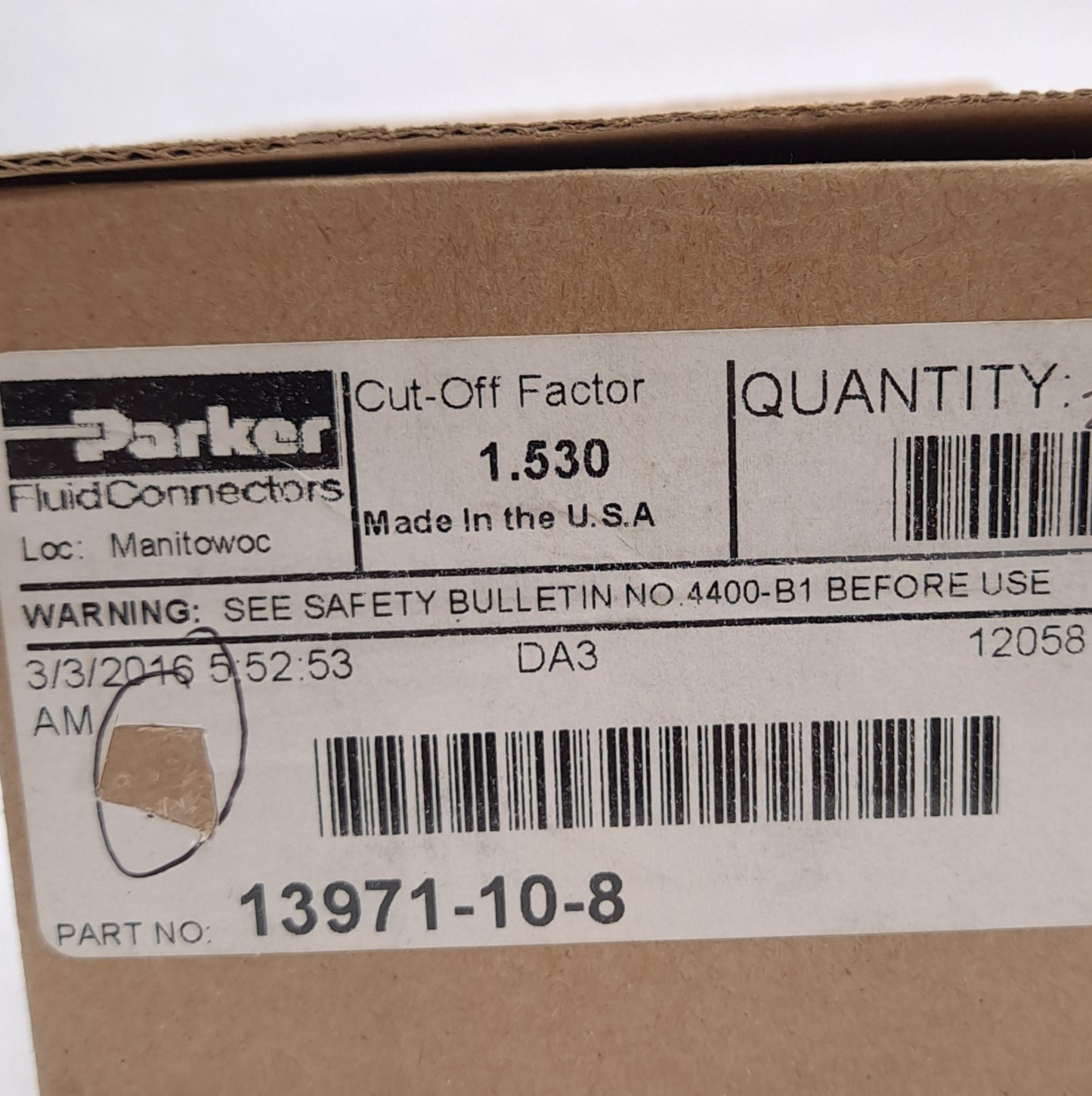 New – Open box Parker 13971-10-8 Crimp Style Hydraulic Hose Fitting, 90° Elbow, 1/2in Hose ID