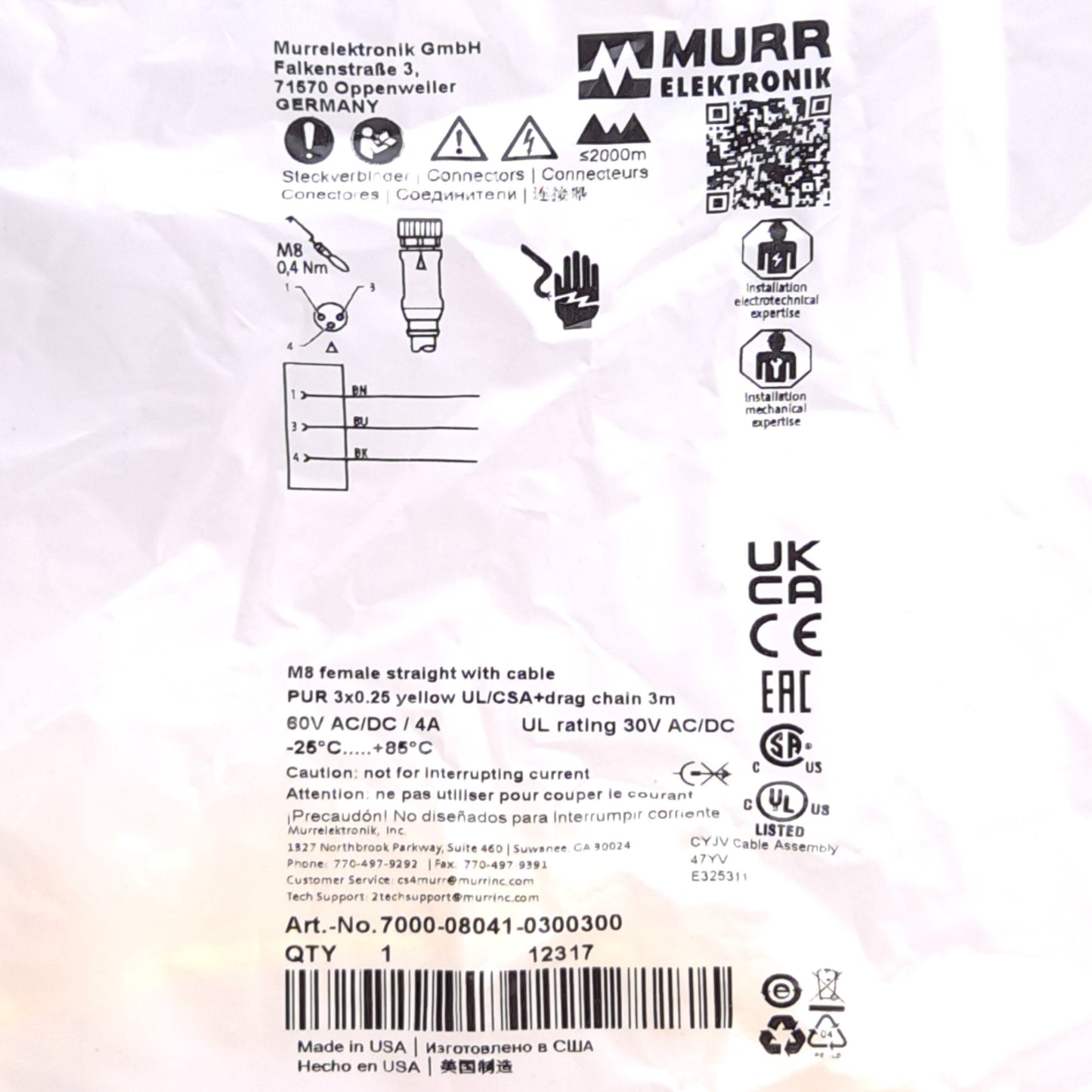 New Murr Elektronik 7000-08041-0300300 Cable , M8 3-Pin Female to Flying Leads, 3m