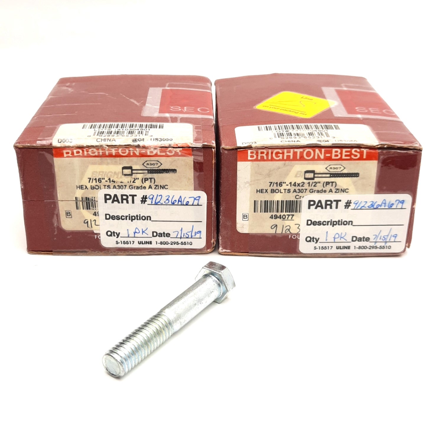 New Lot of 50 Brighton-Best 7/16"-14x2 1/2" (PT) Hex Head Bolts, 7/16"-14 Thread