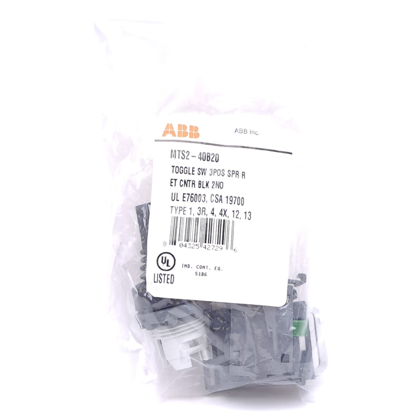 New ABB MTS2-40B-20 Toggle Switch, 3-Position, Momentary, 2x N.O. Aux Contact, 690V