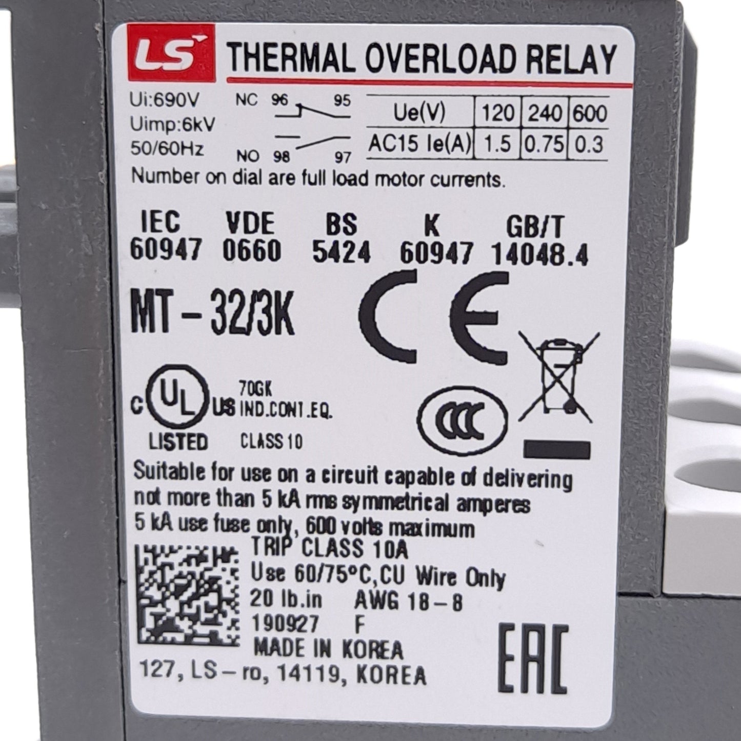 New LS Electric MT-32/3K Thermal Overload Relay, 3-Pole, 5-8A, N/O & N/C Auxiliary