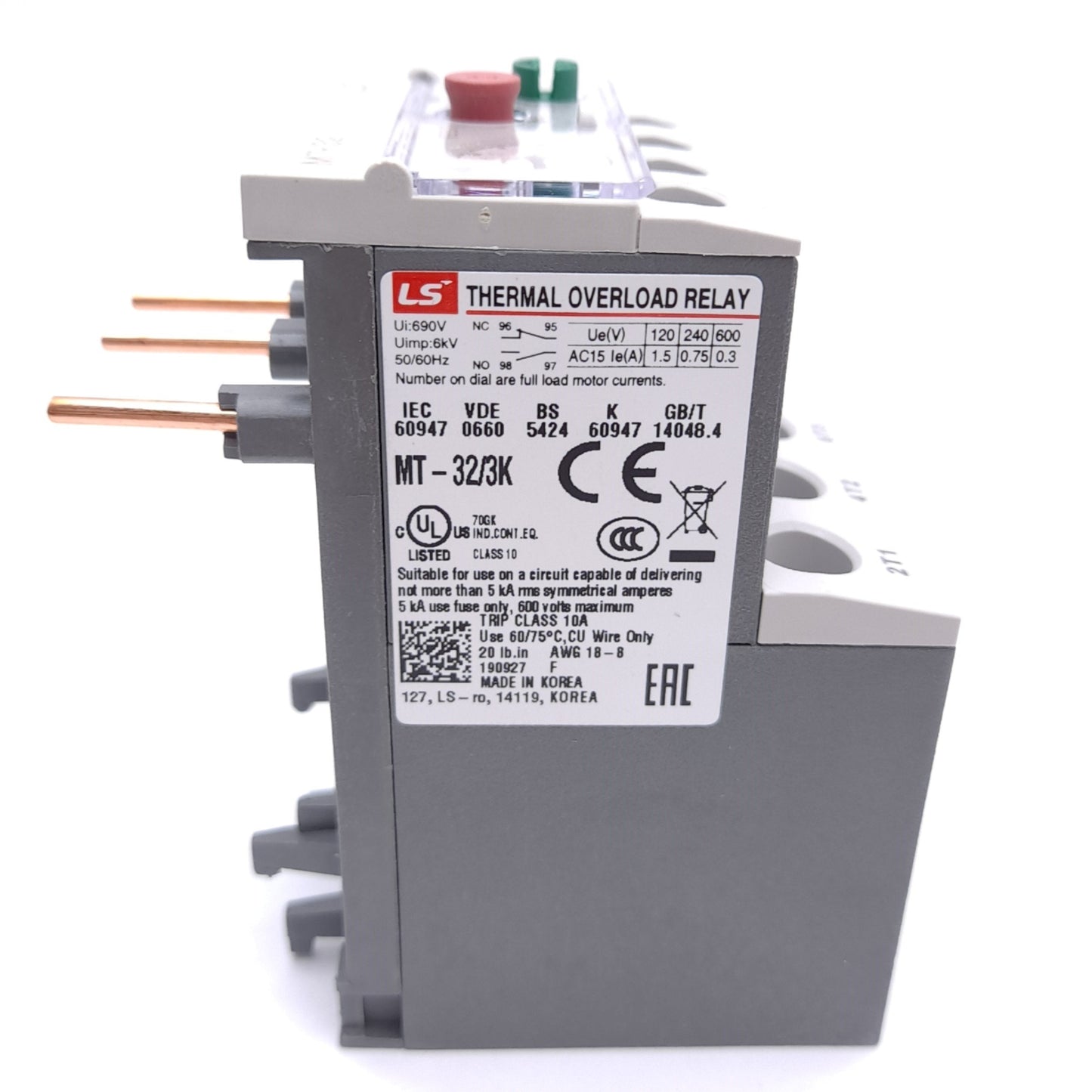New LS Electric MT-32/3K Thermal Overload Relay, 3-Pole, 5-8A, N/O & N/C Auxiliary