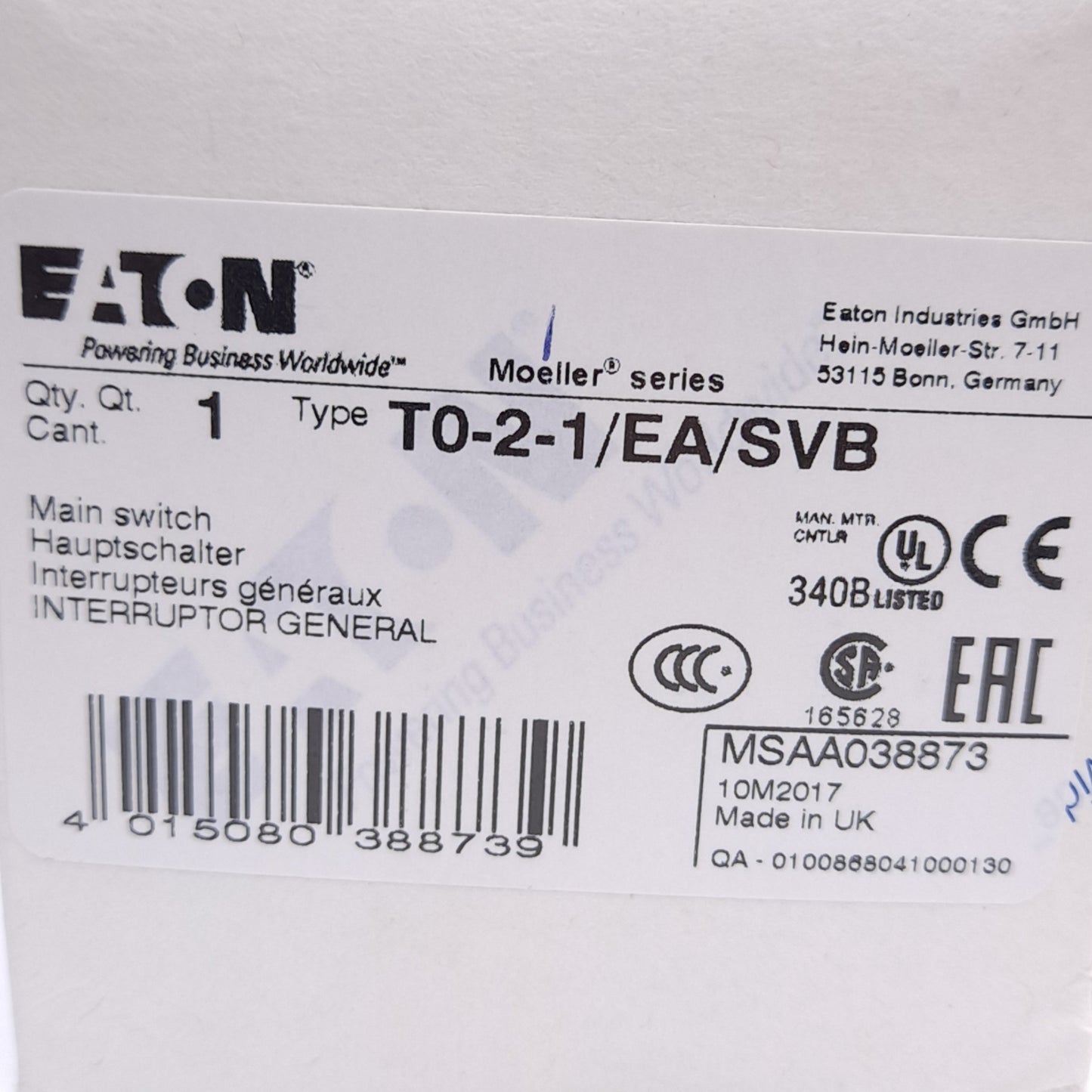 New Eaton T0-2-1/EA/SVB Main Switch, 3-Pole, 690VAC 20A, Red Rotary Handle