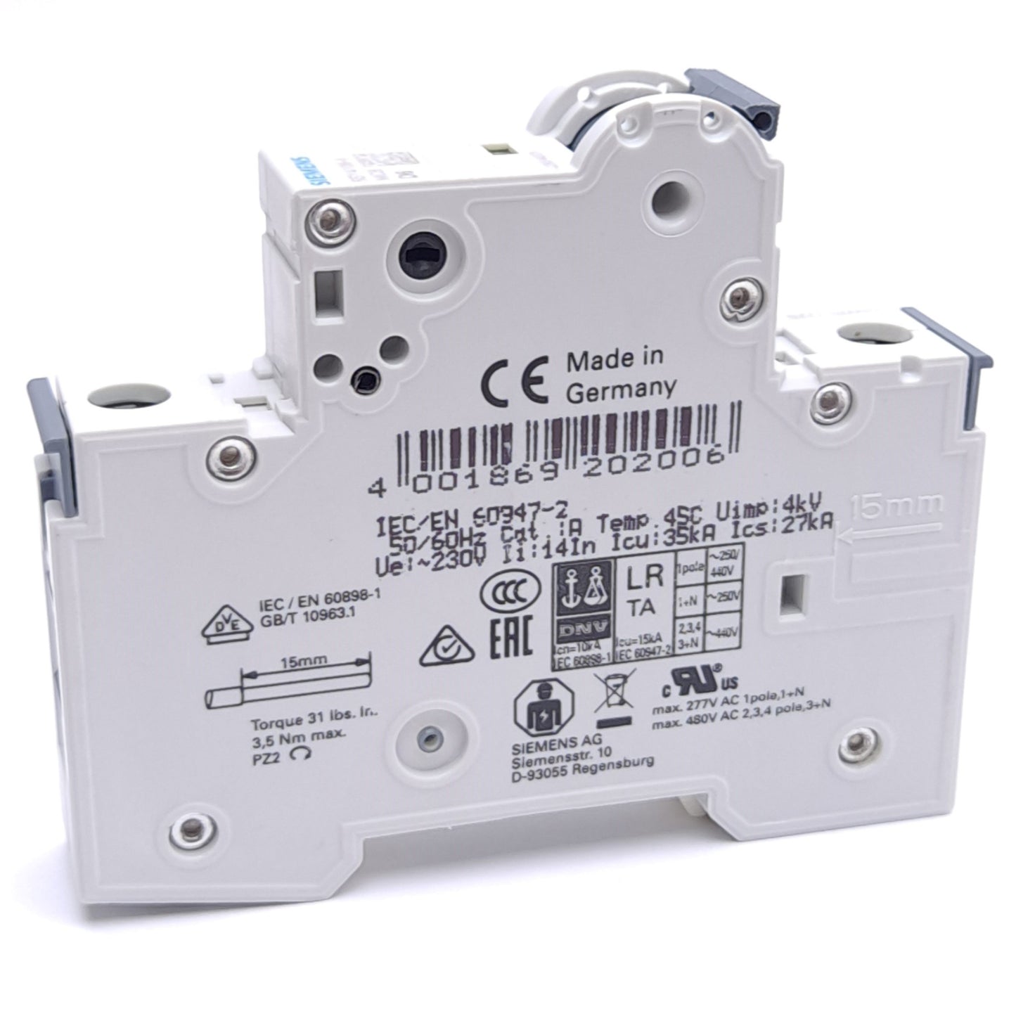 New – Open box Siemens 5SY4106-8 Miniature Circuit Breaker, 230/400VAC 6A, 1-Pole, D Curve