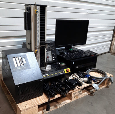 Used Instron Mini 55 Load Test Frame 17" Travel 50N Cell 500N Max 120VAC w/Bluehill 3