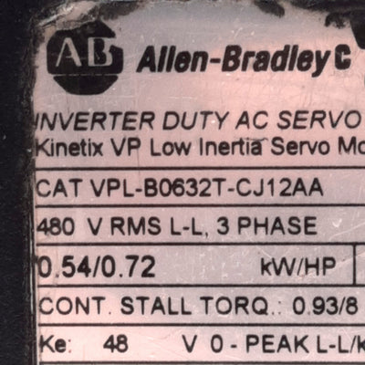 Used Allen Bradley VPL-B0632T-CJ12AA Servo Motor 3-Phase 480Vrms, 8000RPM, ø9mm Shaft