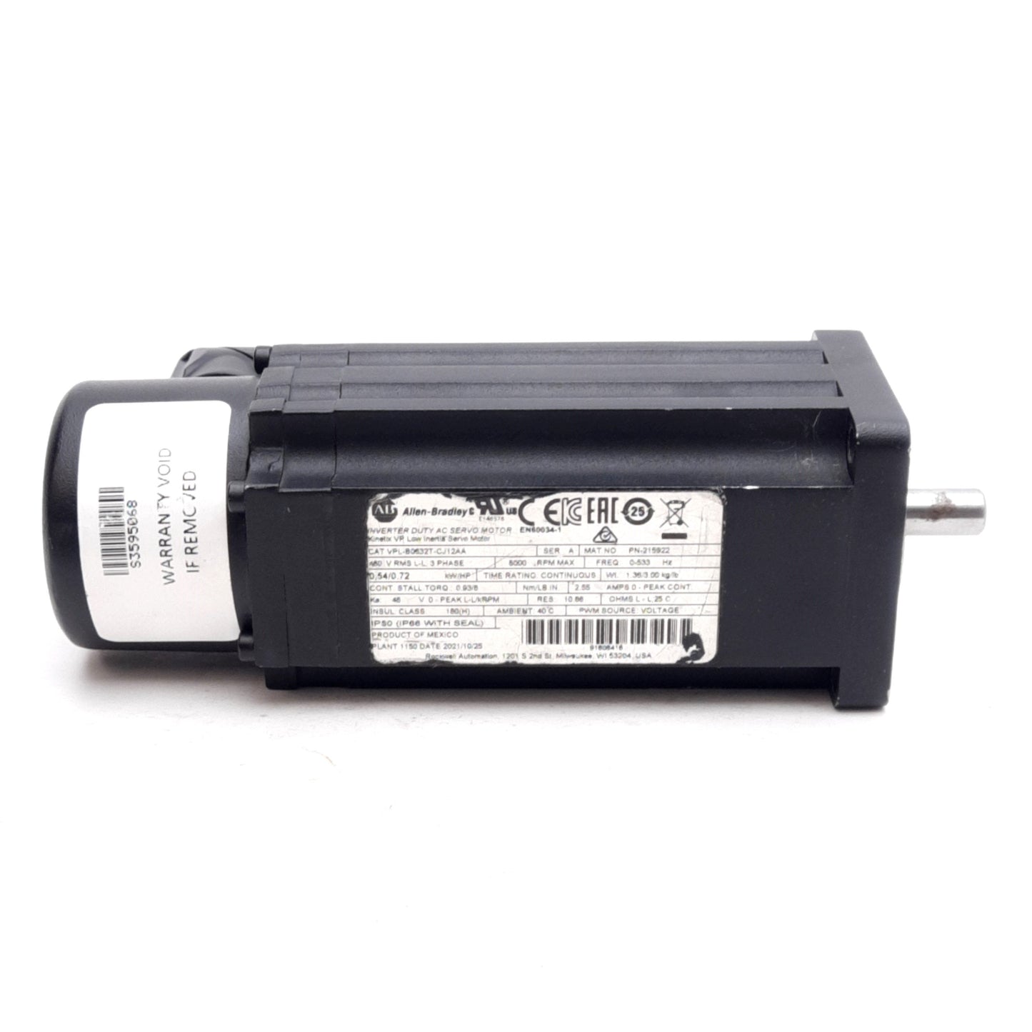 Used Allen Bradley VPL-B0632T-CJ12AA Servo Motor 3-Phase 480Vrms, 8000RPM, ø9mm Shaft