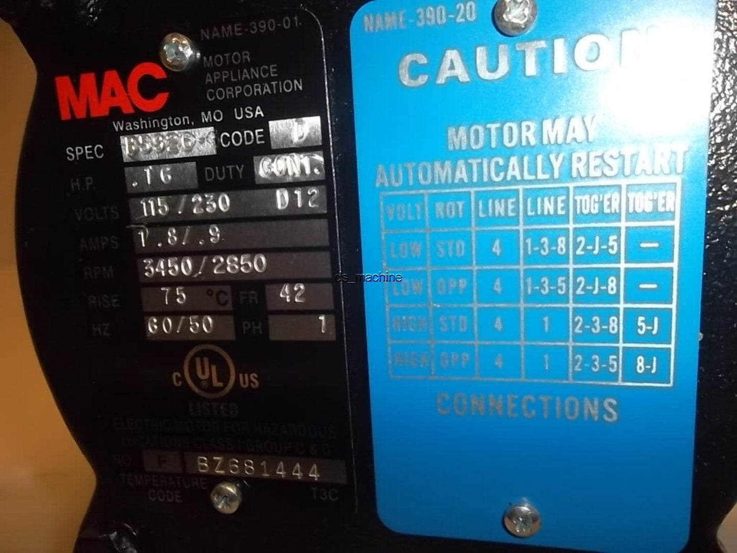 Used MAC B5926-3 Motor 115/230V 1PH 3450/2850RPM