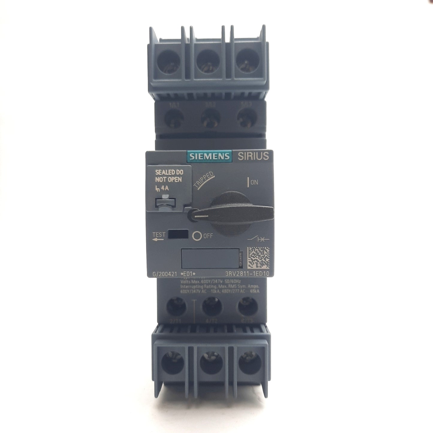 New – Open box Siemens 3RV2811-1ED10 Sirius Circuit Breaker, 3-Pole, 4A, 20-690V, DIN Rail