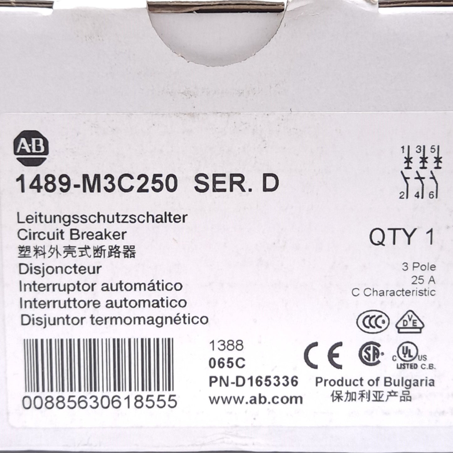New Allen Bradley 1489-M3C250 Circuit Breaker, 3-Pole, C-Curve, 25A, 480Y/277V AC