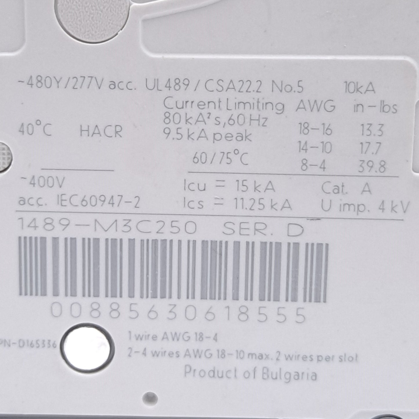 New Allen Bradley 1489-M3C250 Circuit Breaker, 3-Pole, C-Curve, 25A, 480Y/277V AC