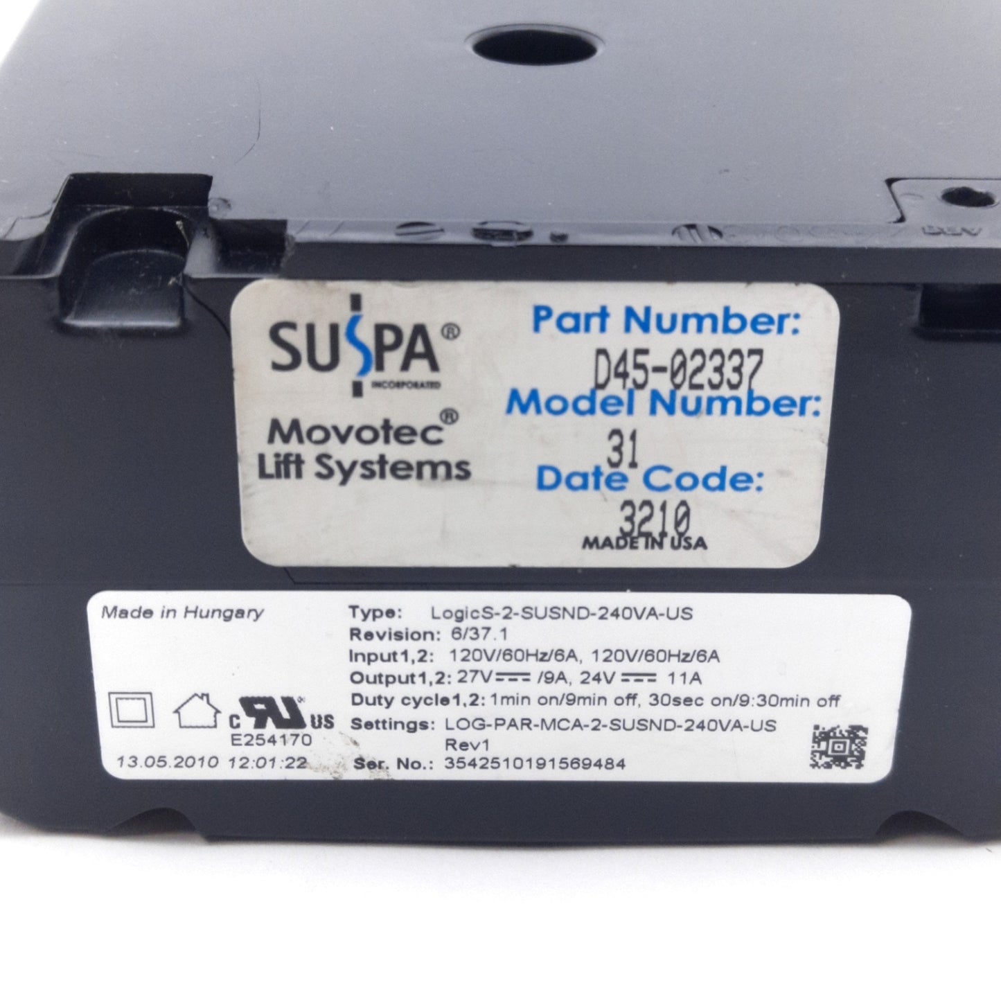 Used Suspa LogicS-2-SUSND-240VA-US Lift System Power Supply, 24V DC Output, *Crack*