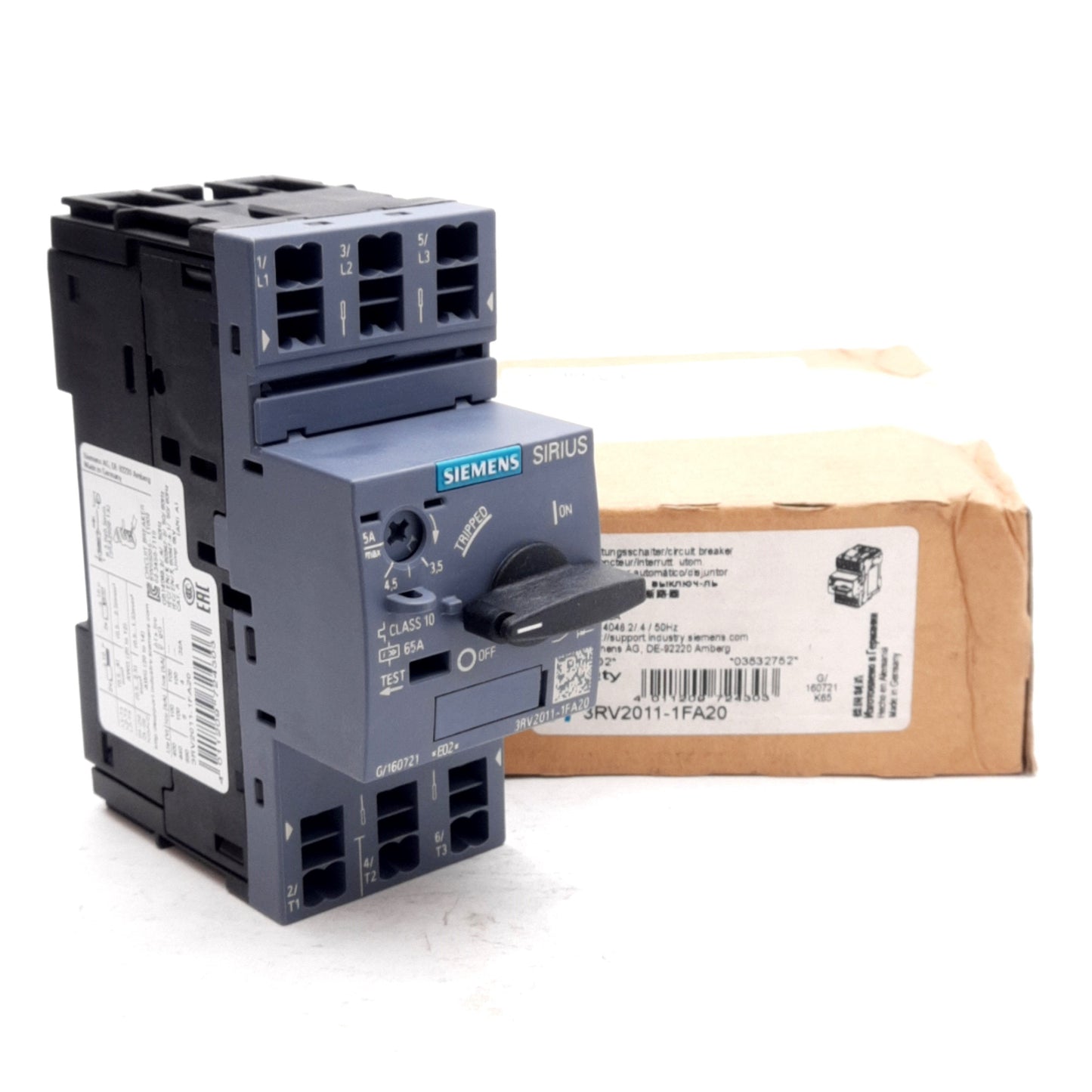 New Siemens 3RV2011-1FA20 Sirius Circuit Breaker 3-Pole, 3.5-5A, 20-690VAC, DIN Rail