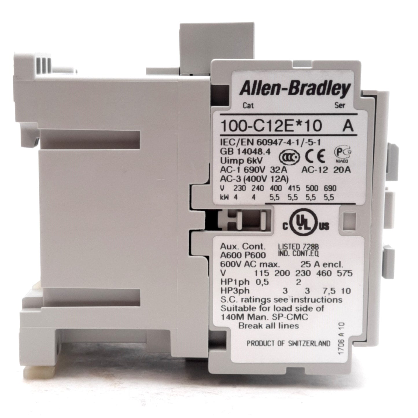 New Allen Bradley 100-C12EJ10 Contactor, 3-Pole, N.O. Aux, 12A, 10HP, 24VDC Coil