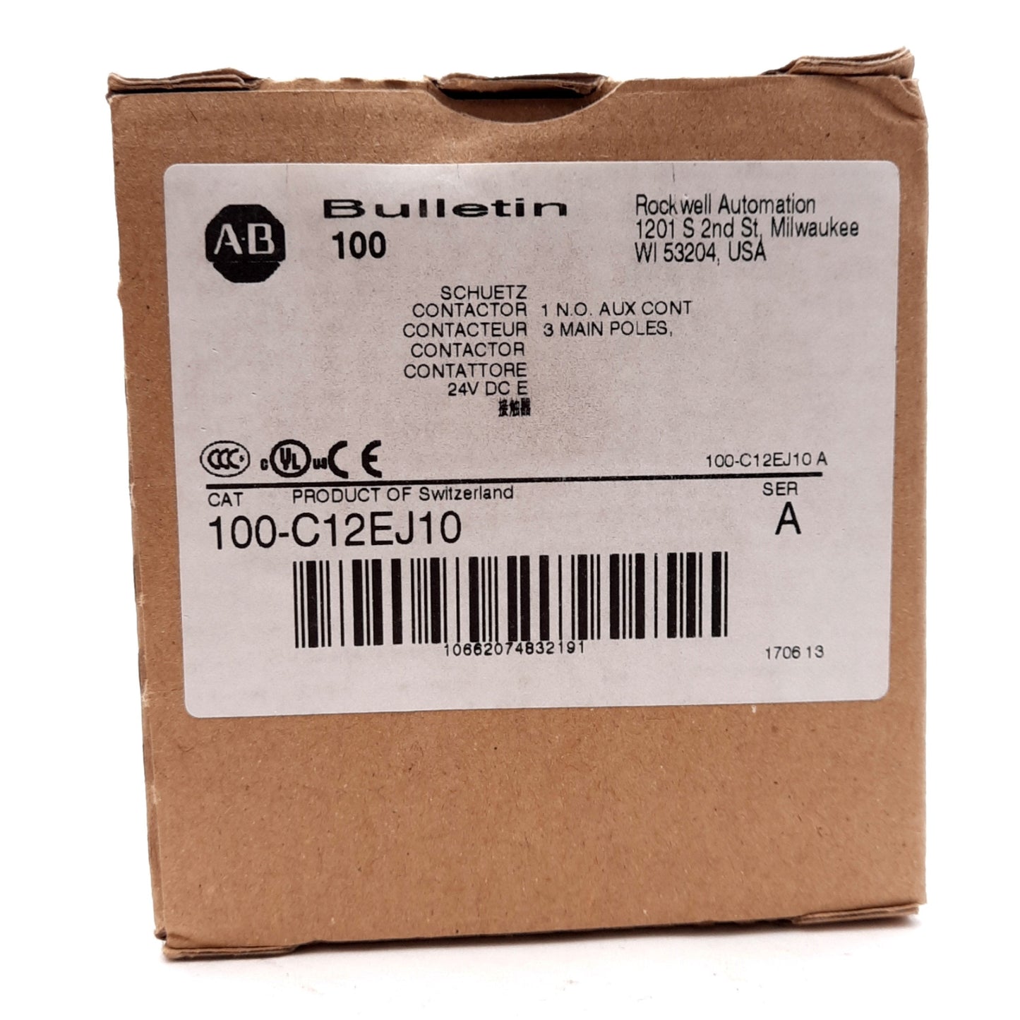 New Allen Bradley 100-C12EJ10 Contactor, 3-Pole, N.O. Aux, 12A, 10HP, 24VDC Coil