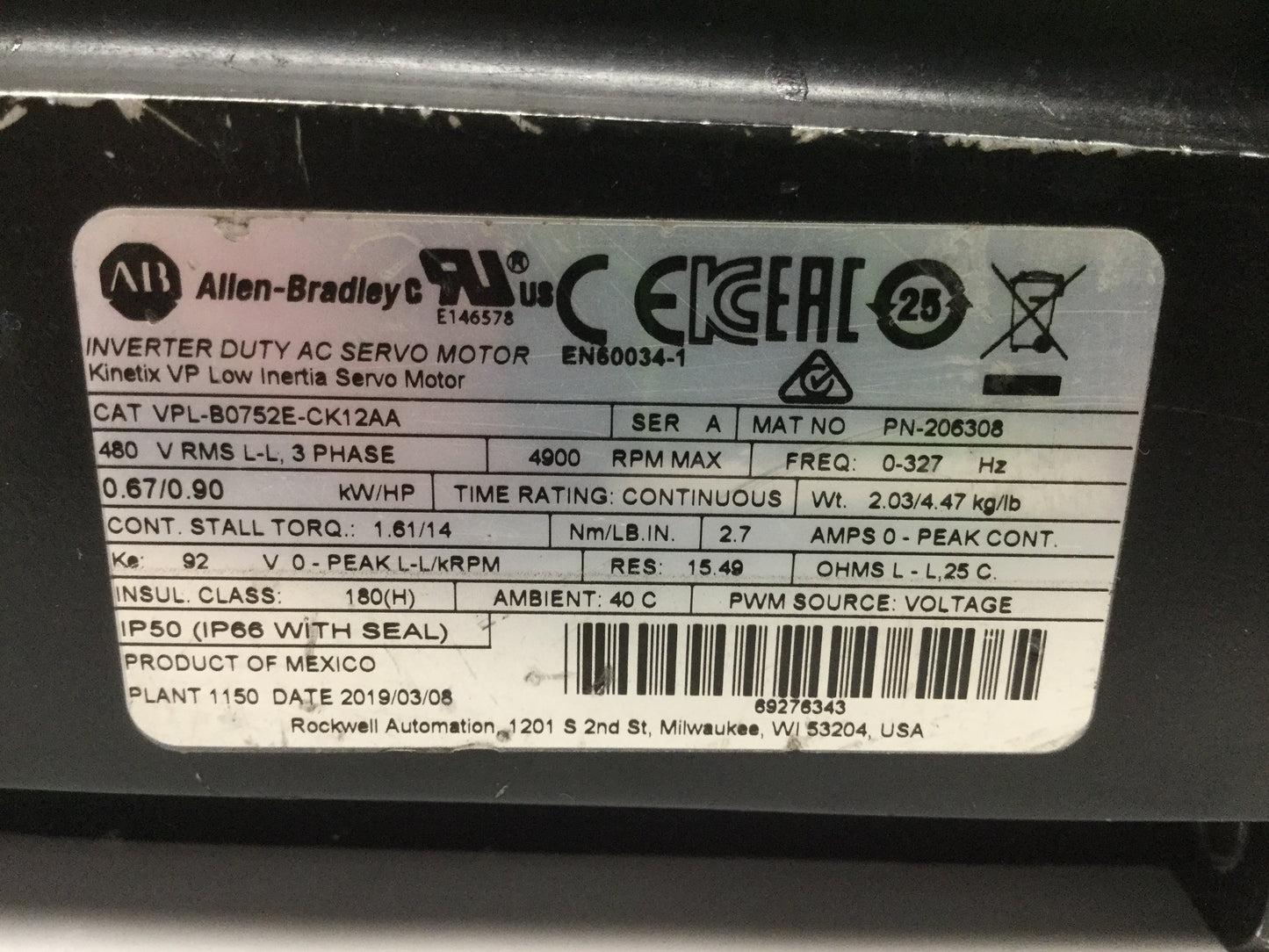 Used Allen Bradley VPL-B0752E-CK12AA Kinetix AC Servo Motor, 3-Phase 480VAC, 4900RPM