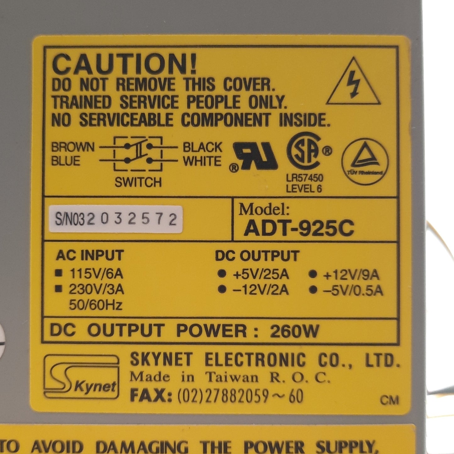 Used Skynet ADT-925C AT Computer Power Supply, 260W, 6x Molex, 2x FDD, 120/240VAC