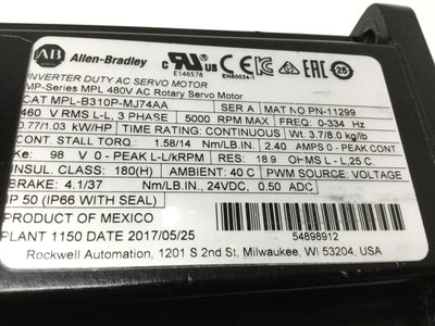 Used Allen Bradley MPL-B310P-MJ74AA Servo Motor w/Brake 0.77kW, 100mm Frame, 460VAC