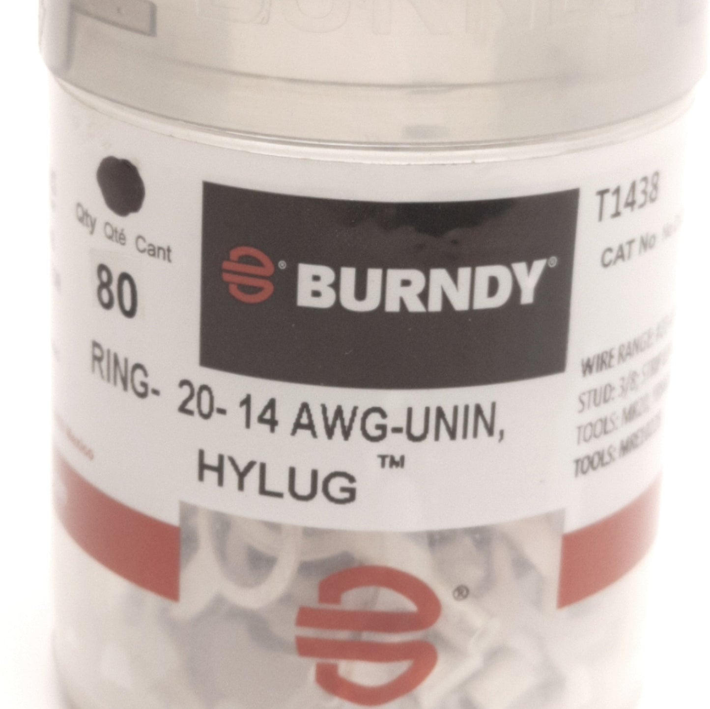 New – Open box Lot of 80 Burndy T1438 HYLUG Uninsulated Ring Terminals, 3/8in Stud, 16-14AWG