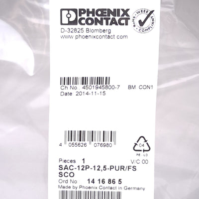 New Phoenix Contact SAC-12P-12,5-PUR/FS SCO 1416865 Cable, M12 12-Pin Female, 12.5m