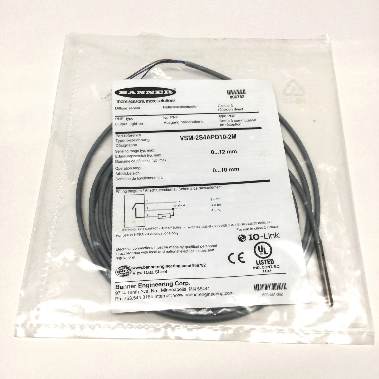 New Banner VSM-2S4APD10-2M Micro Proximity Sensor, Diffuse, PNP 10-30VDC, 10mm Range