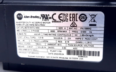 Used Allen Bradley VPL-B0751M-PJ14AA Servo Motor 3 Phase 8000rpm 24VDC 480VAC 0.63A