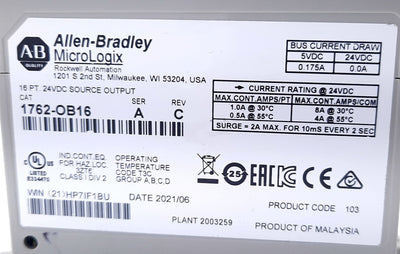 Used Allen Bradley 1762-OB16 MicroLogix 16 Point, 24VDC Source Output Module