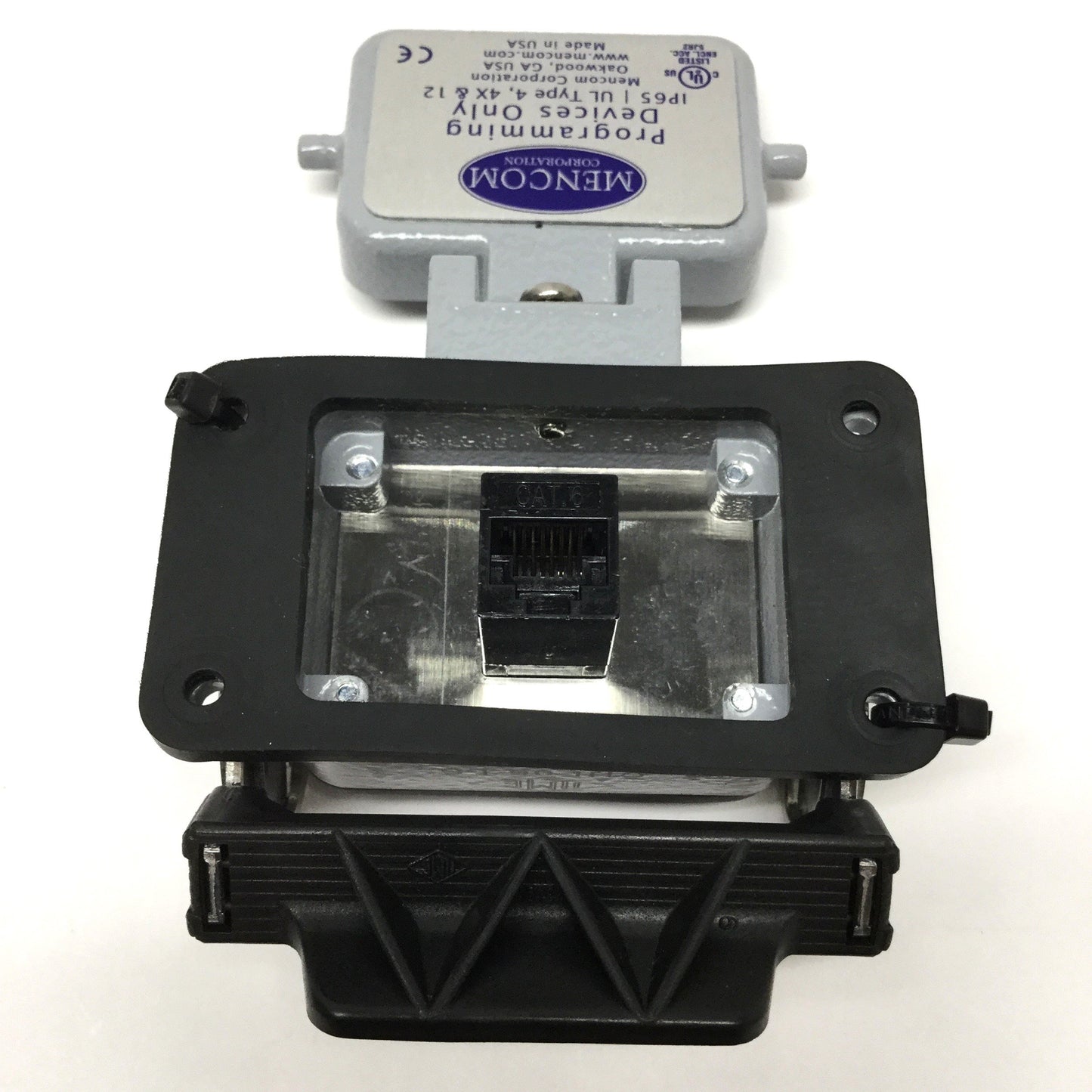 Used Mencom DP-RJ45-R-32 Panel Outlet, 120V Duplex, Size 32 Bulkhead, 3 Amp Reset