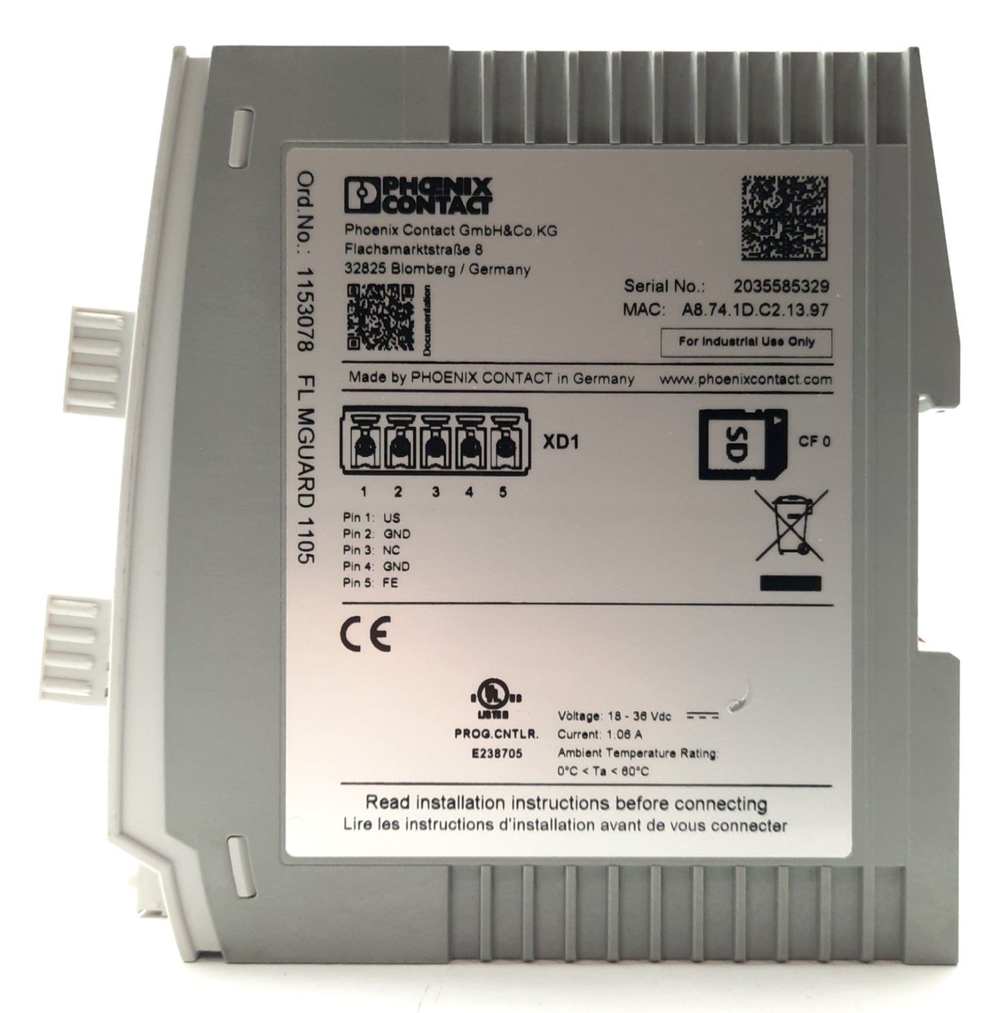 Used Phoenix Contact FL MGUARD 1105 NAT Firewall/Switch, 5x GbE Ports, 24VDC, DIN