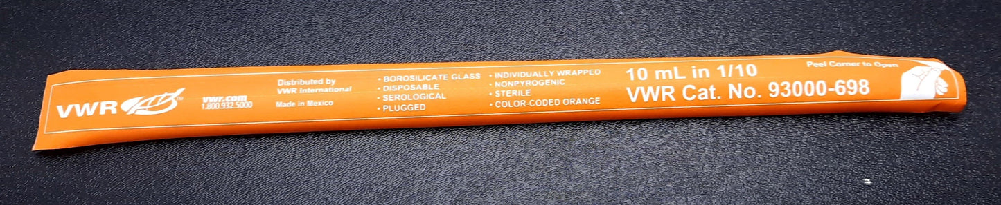 New Lot of 99 VWR 93000-698 Disposable Serological Pipettes, Glass 10mL in 1/10