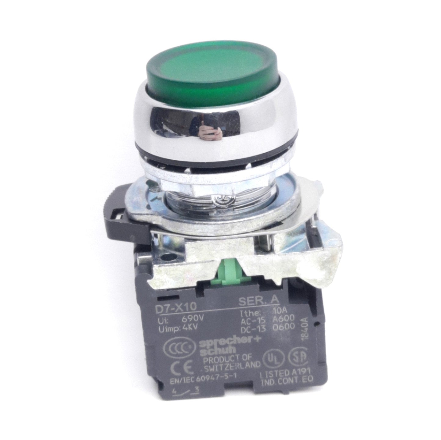 Used Sprecher+Schuh D7M-LE3MN5GX10 Illuminated Push Button 1-NO, Green, 22mm