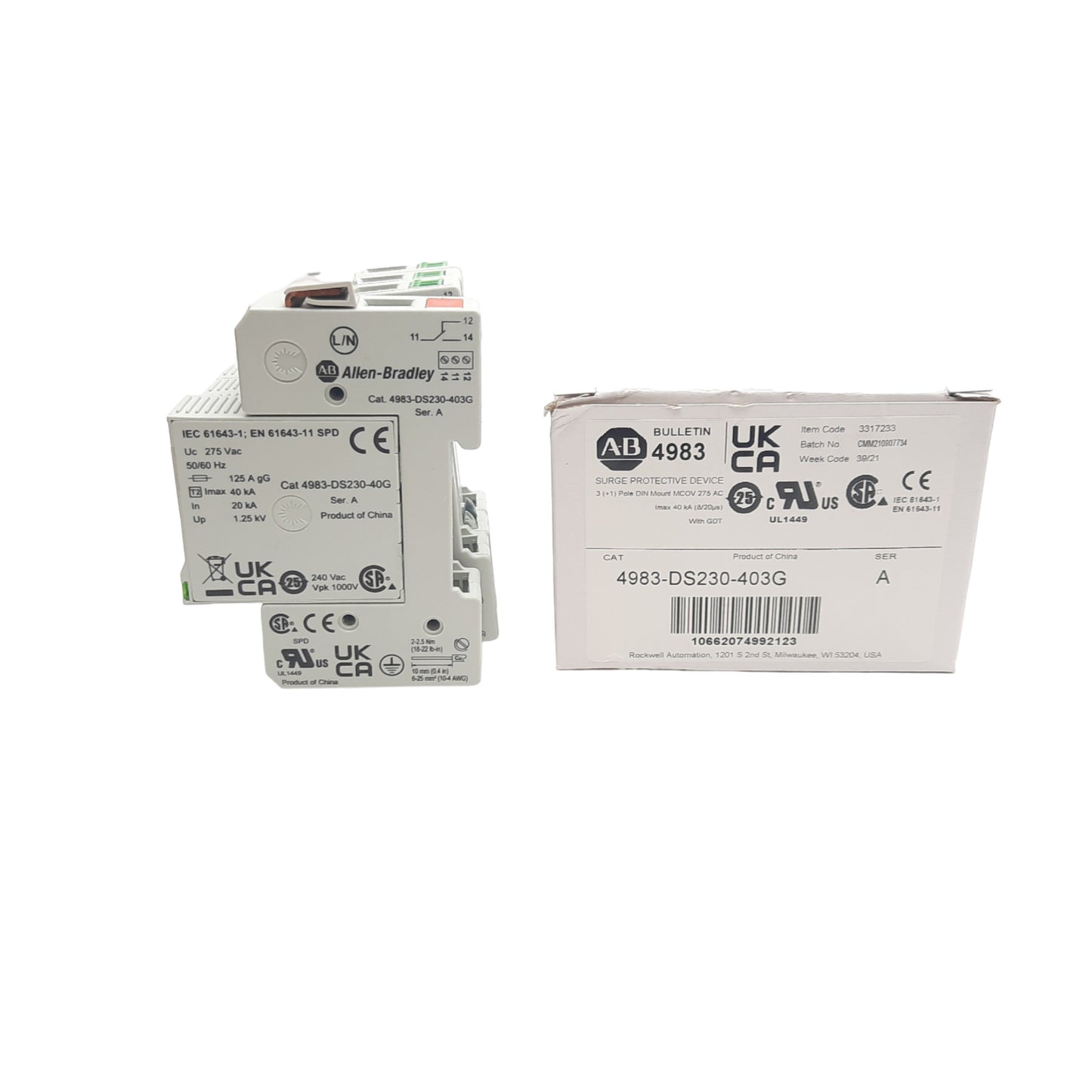 New – Open box Allen Bradley 4983-DS230-403G Surge Protector, 275VAC 40A Max, 4-Poles