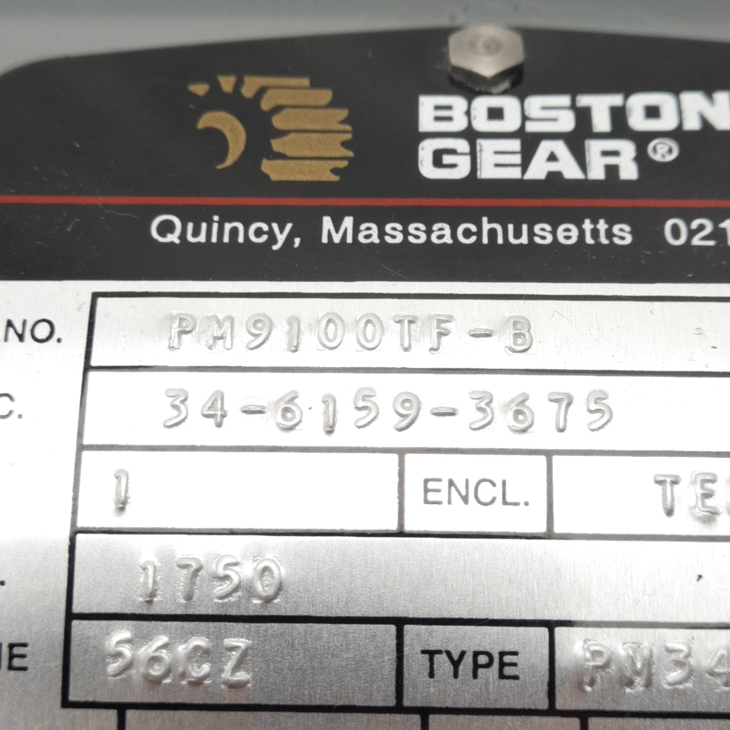 Used Boston Gear PM9100TF-B Permanent Magnet DC Motor, 90VDC 10A, 1750RPM, 56CZ Frame