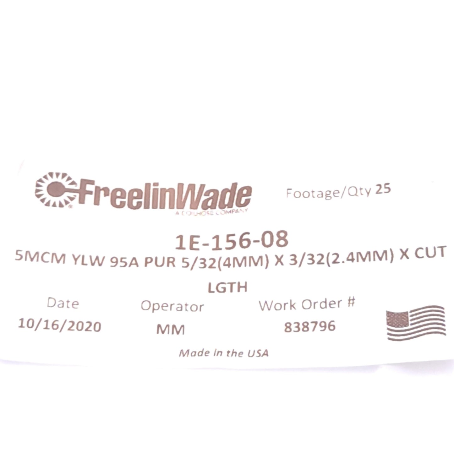 New Freelin-Wade 1E-156-08 Polyurethane Tubing, 5/32in OD, 3/32in ID, 25ft Length