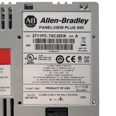 Used Allen Bradley 2711PC-T6C20D8 PanelView Plus 600 HMI Panel 6" USB/RS232 24VDC