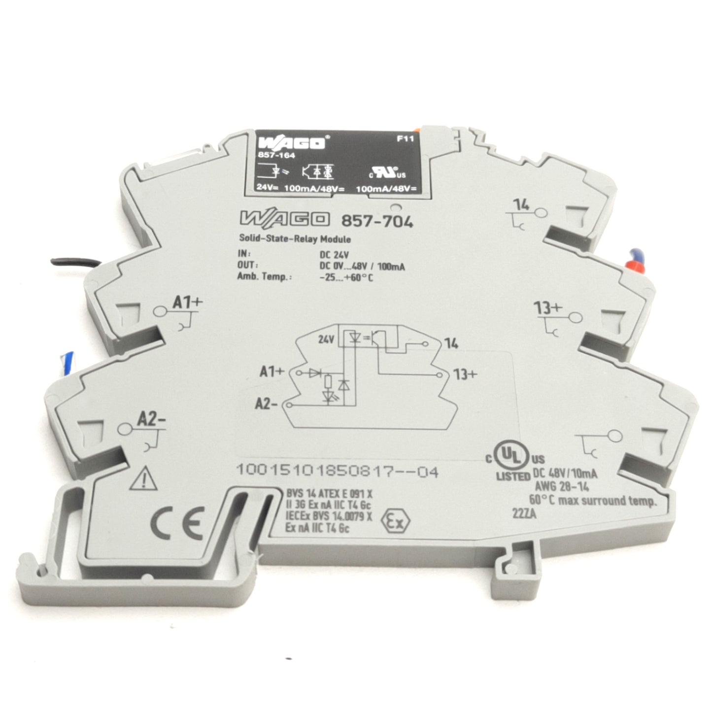 Used Wago 857-704 857-164 SSR and Socket, SPST-NO, 0-48VDC Load, 24VDC Input