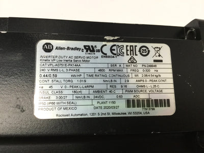 Used Allen Bradley VPL-A0751E-PK14AA Kinetix AC Servo Motor .44kW 240VAC 3PH w/Brake