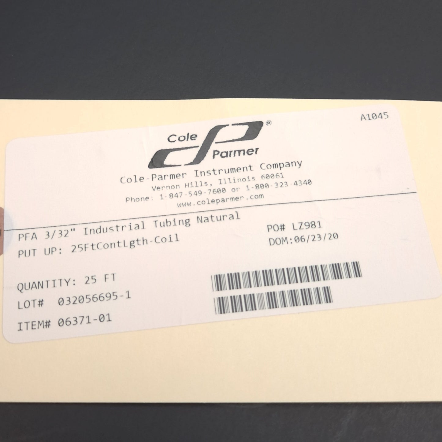New Cole Parmer 063701-01 PFA Industrial Tubing, 3/32in ID, 5/32in OD, 25ft Length