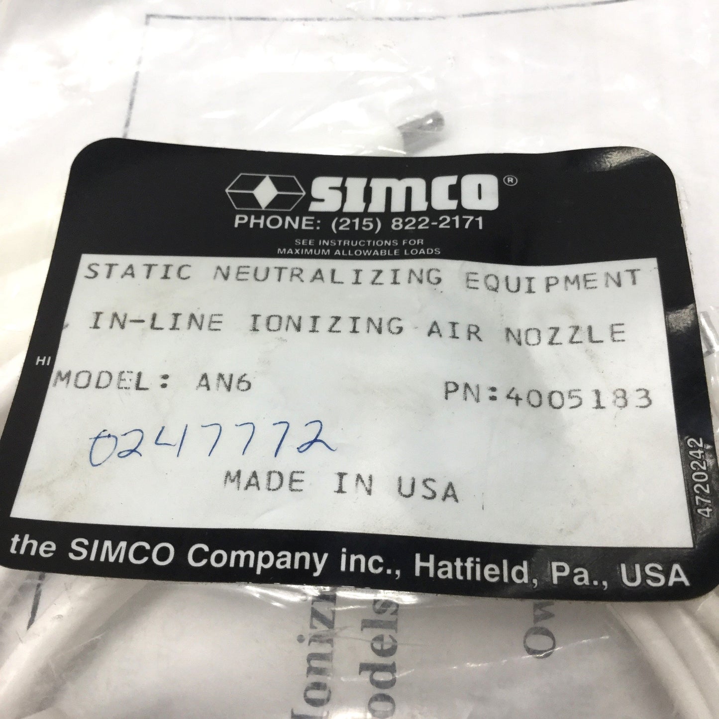New Simco AN6 4005183 AFC-2 In-Line Static Neutralizing Ionizing Air Nozzle 1/4" NPT