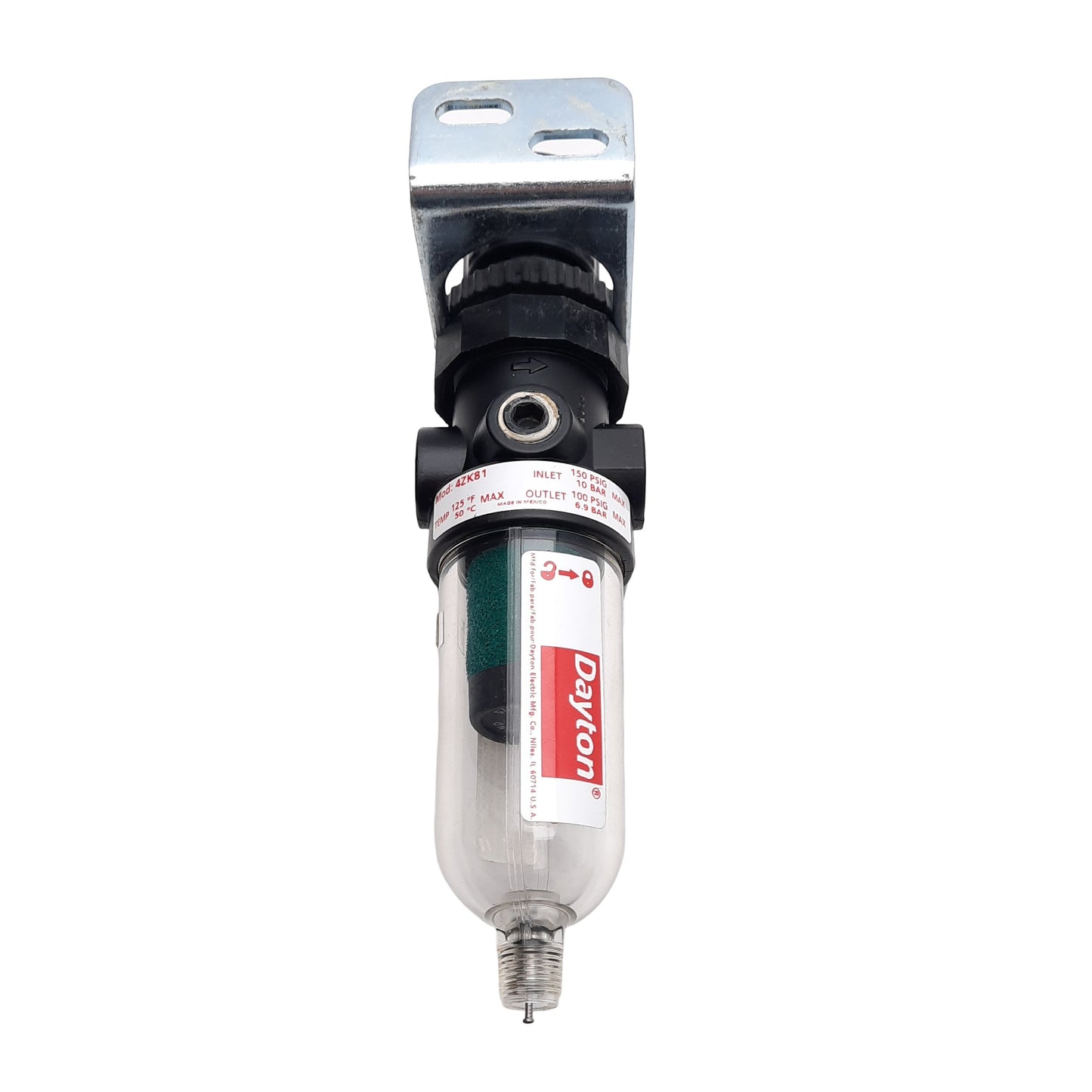 Used Dayton 4ZK81 Filter Regulator, 0-150PSIG In, 0-100PSIG Out, 5 Micron, 1/4in NPT