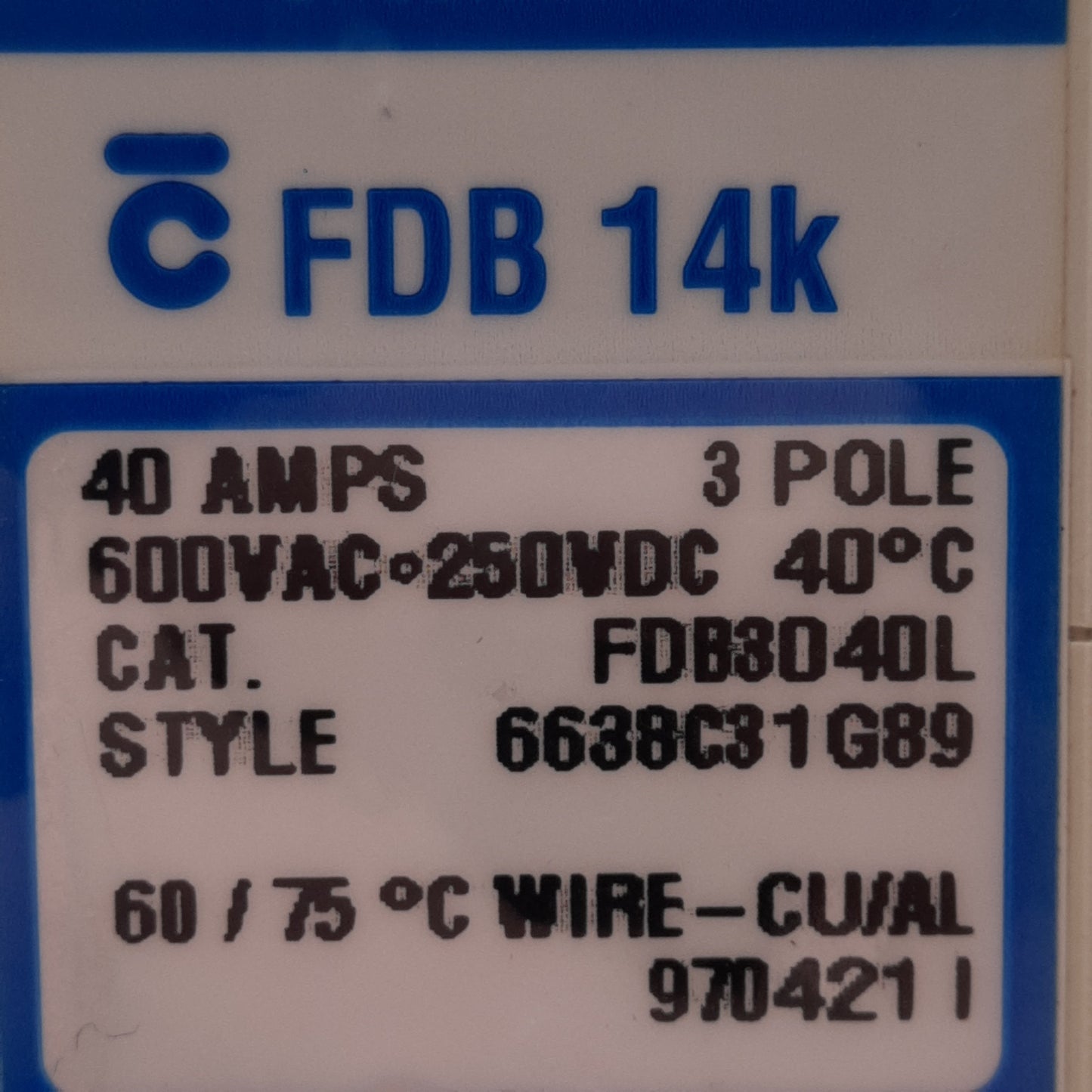 Used Cutler-Hammer FDB3040L Circuit Breaker, 3-Pole, 40A, 600VAC/250VDC, Frame C