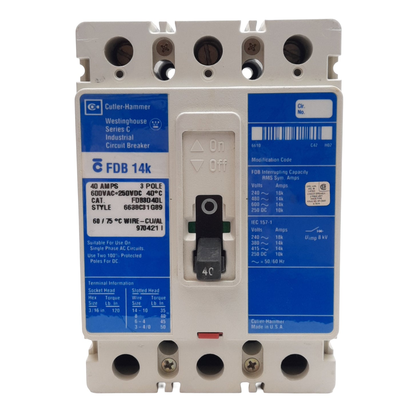 Used Cutler-Hammer FDB3040L Circuit Breaker, 3-Pole, 40A, 600VAC/250VDC, Frame C