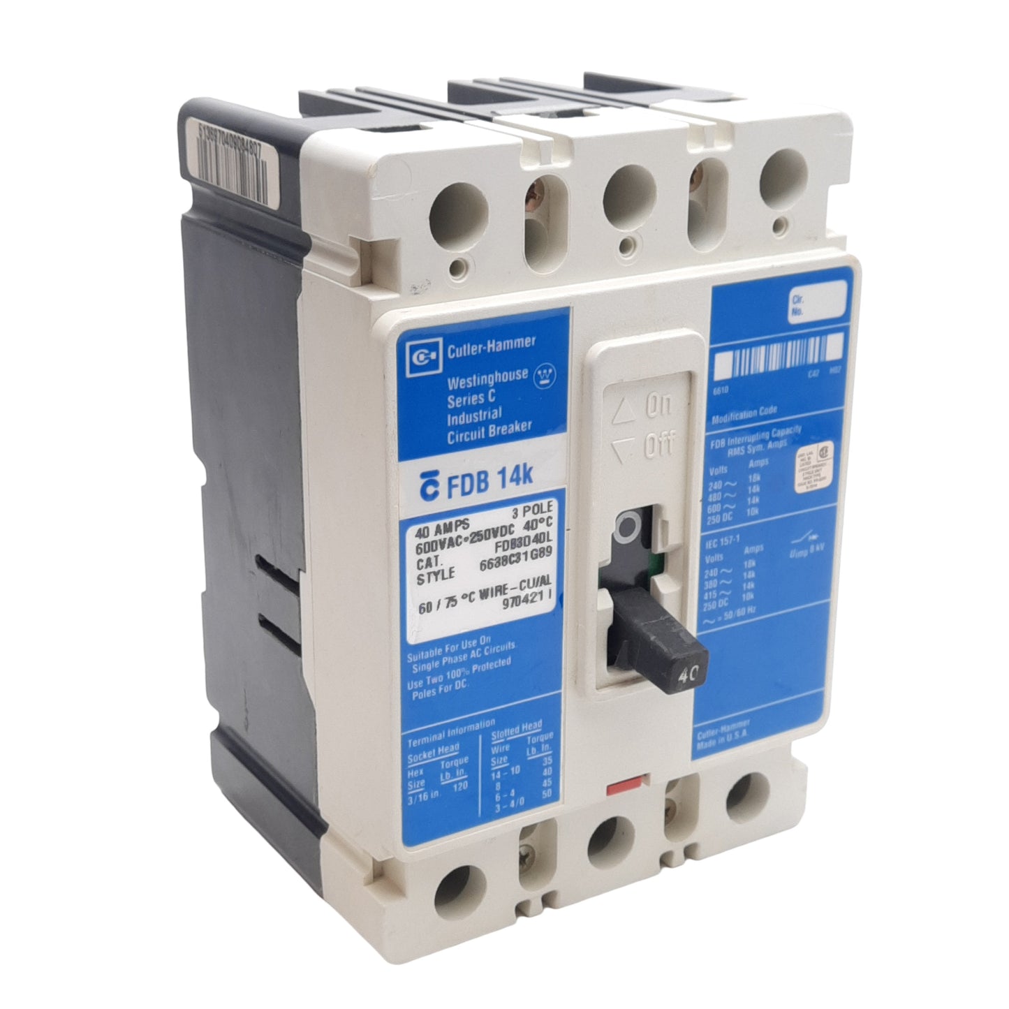 Used Cutler-Hammer FDB3040L Circuit Breaker, 3-Pole, 40A, 600VAC/250VDC, Frame C