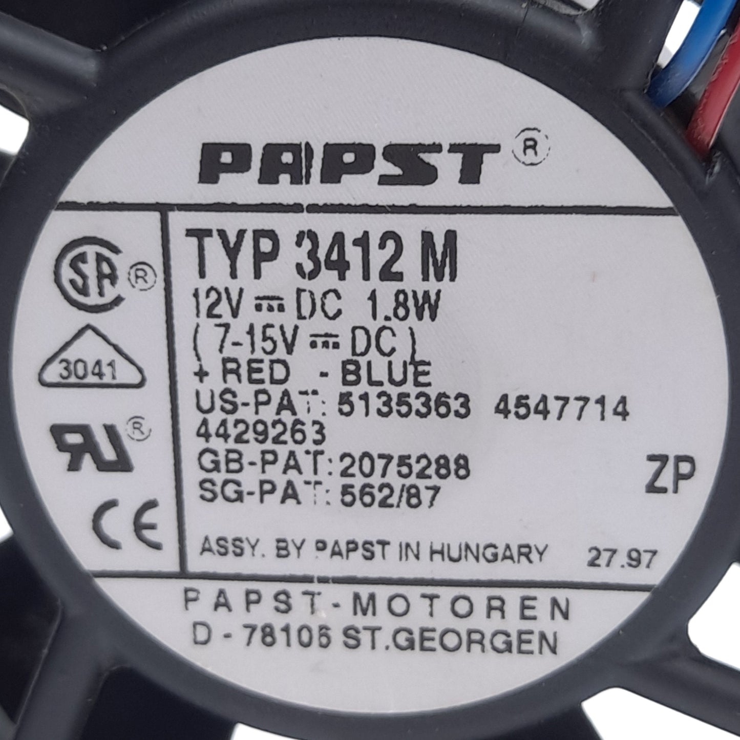 Used EBM Papst 3412M Tubeaxial Fan, 12VDC, 1.8W, 32dBA, 92 x 92 x 25 mm, 42CFM
