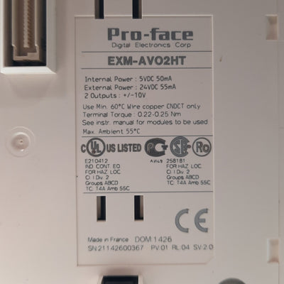 Used Pro-Face EXM-AVO2HT Analog Output Module, 2-Channel +/-10VDC 24VDC