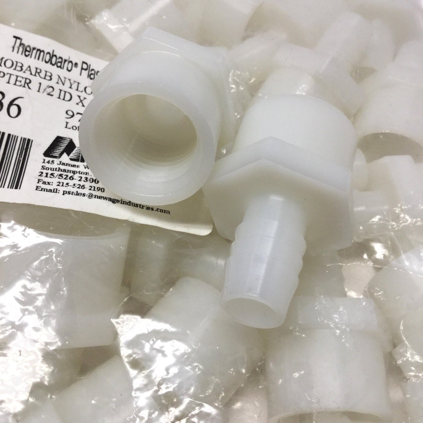 New – Open box Lot of 50 NewAge 5006036 Thermobarb Nylon Adapters, 1/2" Barb x 1/2" NPT Female