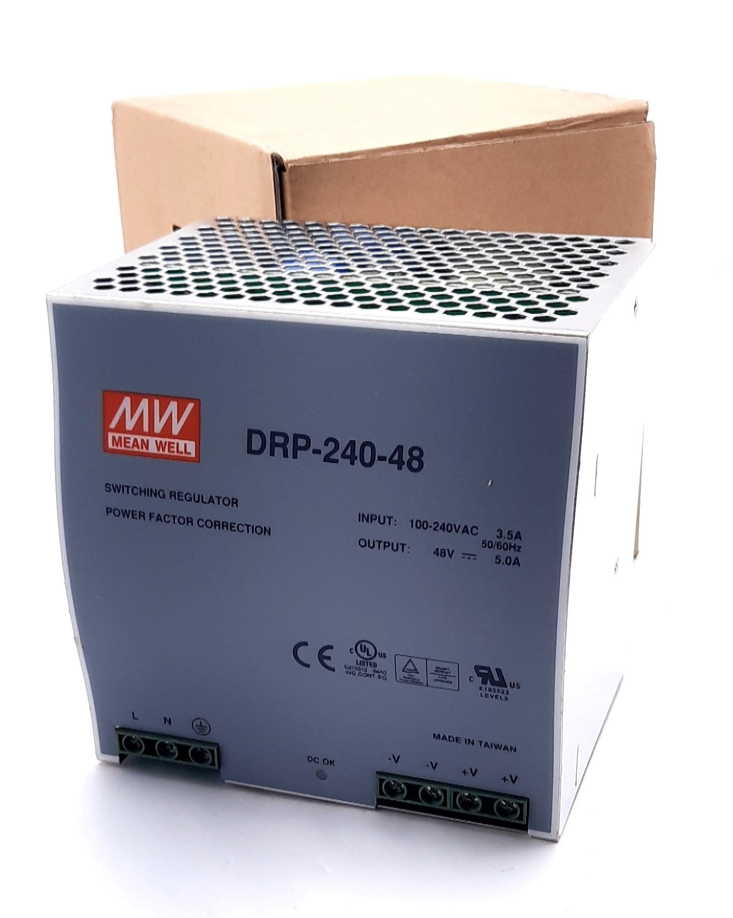 New Mean Well DRP-240-48 Power Supply, 48VDC 5A Output 100-240VAC 3.5A Input