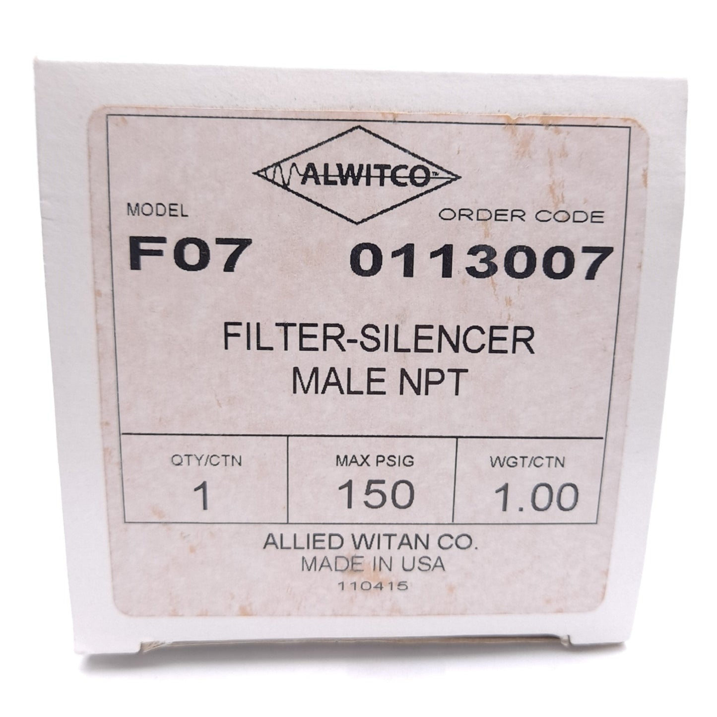 New Alwitco F07 0113007 Filter Silencer, 3/4in NPT, 150psig, Single Chamber, ø3.4in