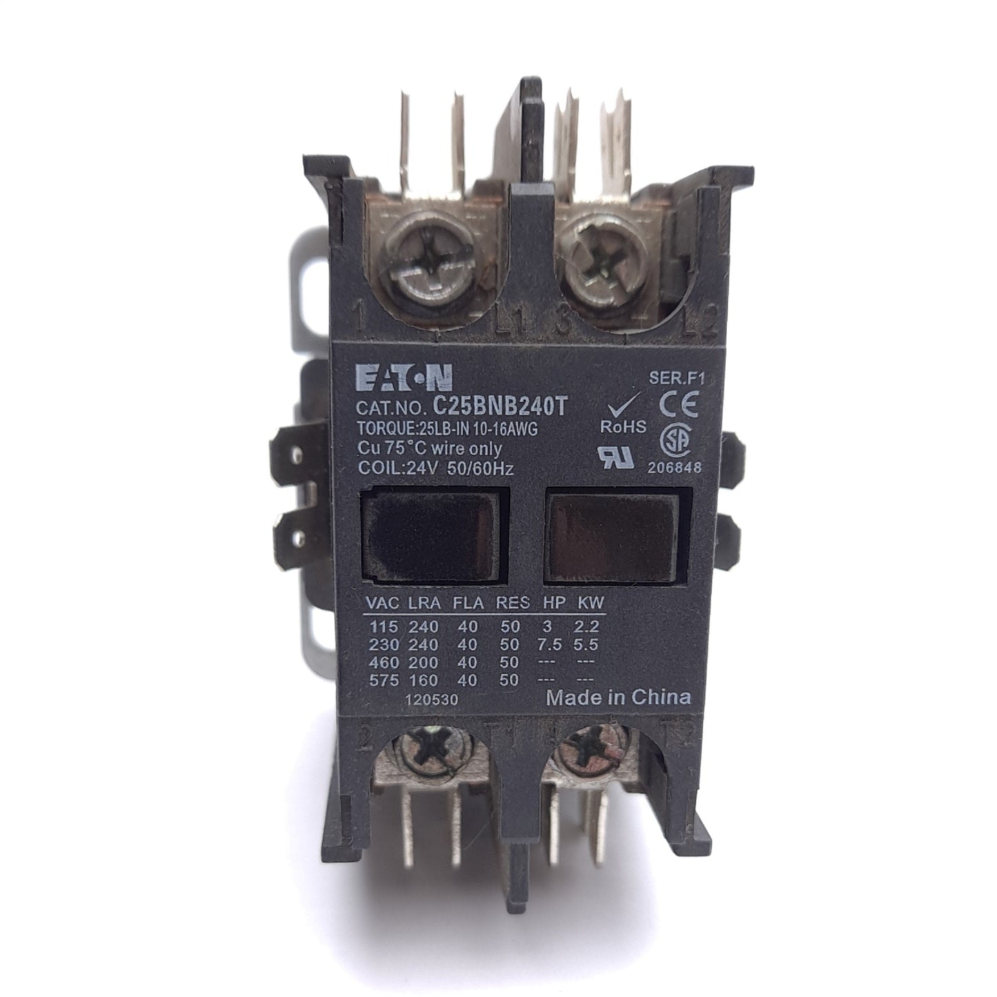 Used Eaton C25BNB240T Definite Purpose Contactor, 2-Pole, 40A, 2 NO, 24VAC Coil