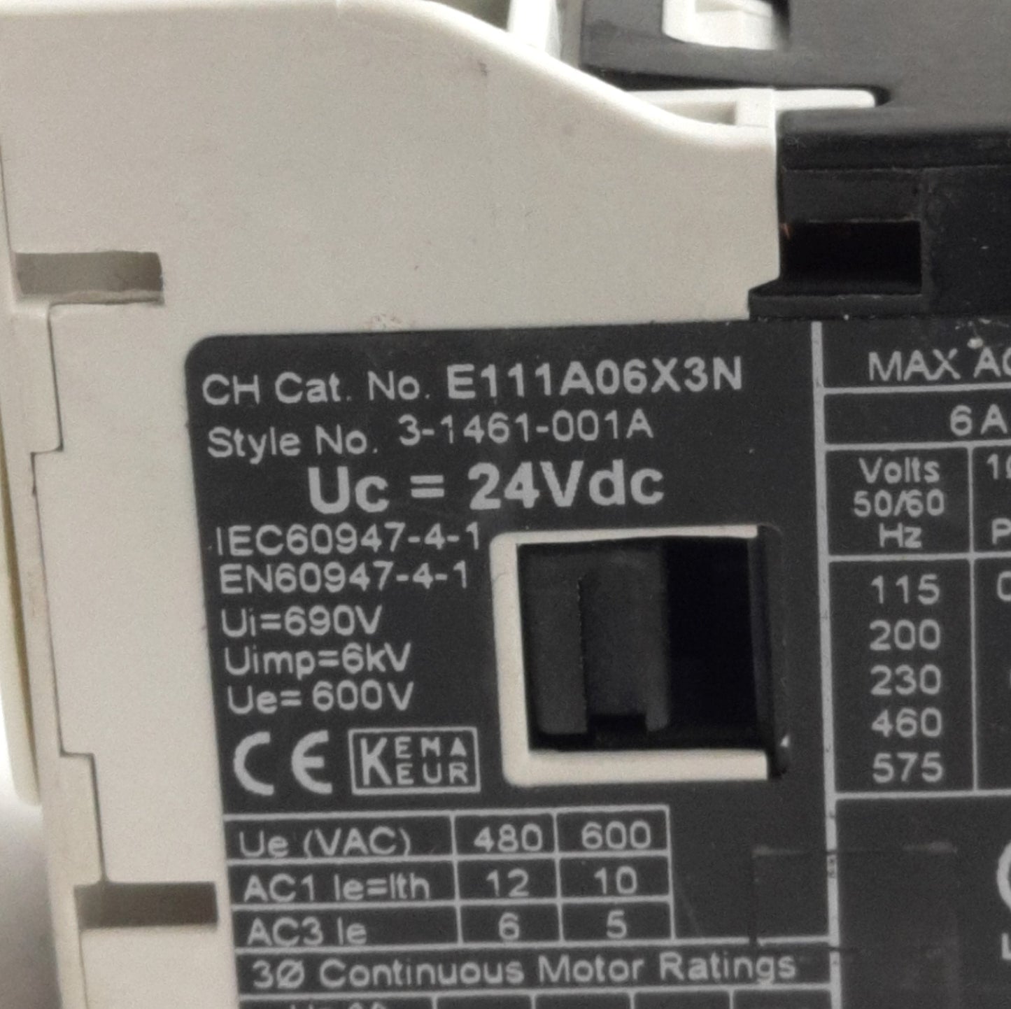 Used Eaton Cutler Hammer E111A06X3N Motor Control Contactor 6A 600VAC 24VDC Coil